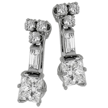 Vintage 1.14ct Princess Cut Diamond Drop 14k White Gold Earrings