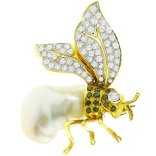 Vintage 1.25ct  White & Black Diamond Pearl Queen Bee Pin