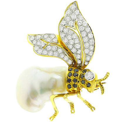 Vintage 1.25ct  White & Black Diamond Pearl Queen Bee Pin