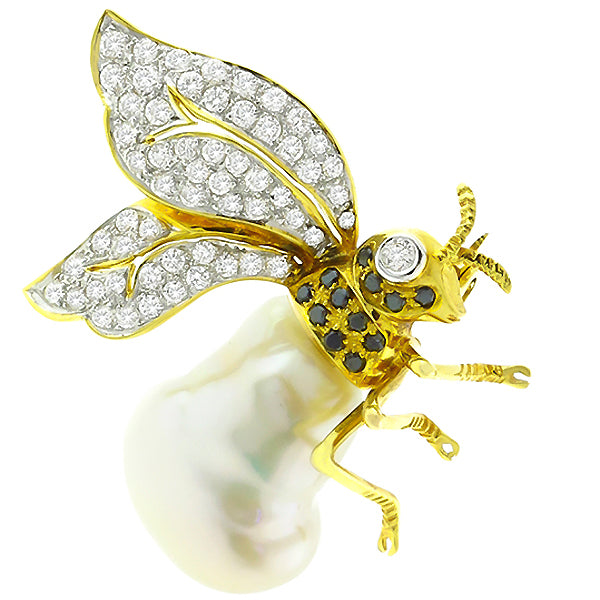 Vintage 1.25ct  White & Black Diamond Pearl Queen Bee Pin