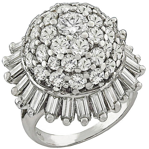 Vintage 1950s 3.00ct Round & Baguette Cut Diamond 14K White Gold Ballerina Ring
