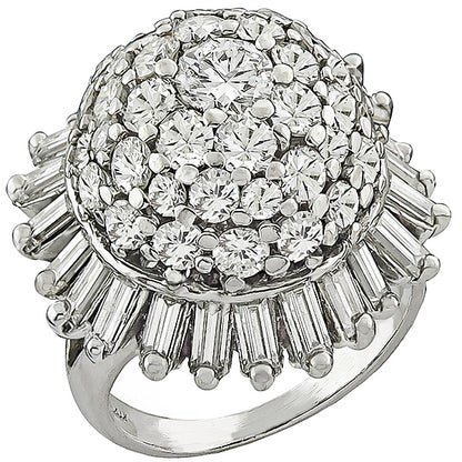 Vintage 1950s 3.00ct Round & Baguette Cut Diamond 14K White Gold Ballerina Ring
