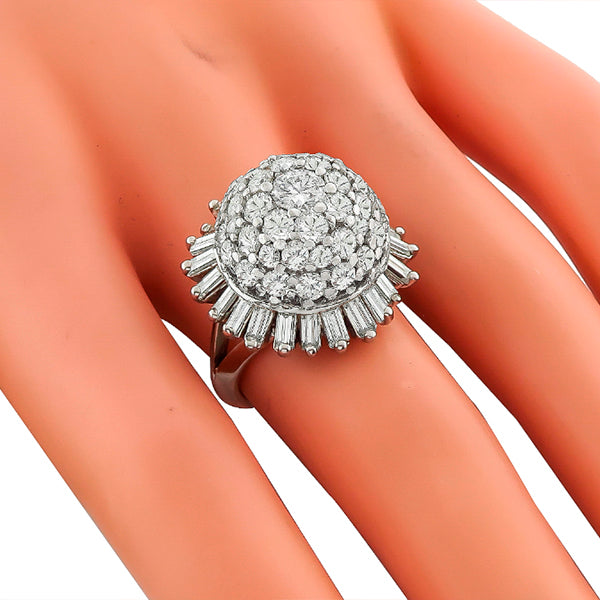 Vintage 1950s 3.00ct Round & Baguette Cut Diamond 14K White Gold Ballerina Ring