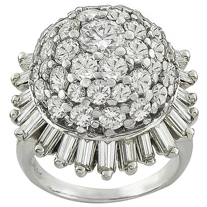 Vintage 1950s 3.00ct Round & Baguette Cut Diamond 14K White Gold Ballerina Ring