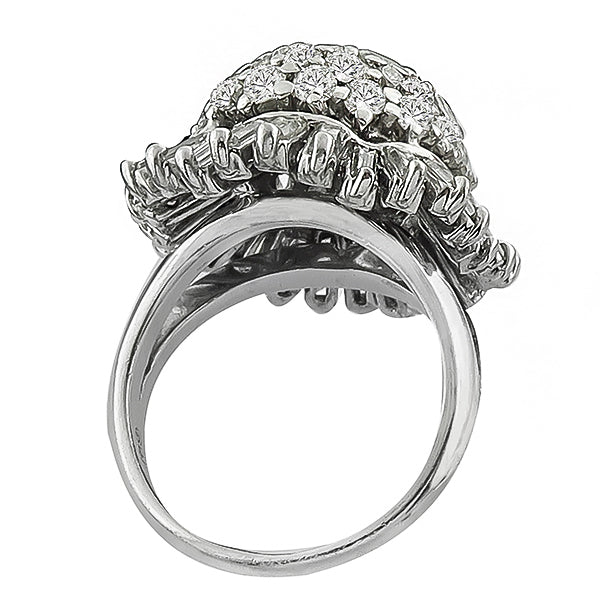 Vintage 1950s 3.00ct Round & Baguette Cut Diamond 14K White Gold Ballerina Ring