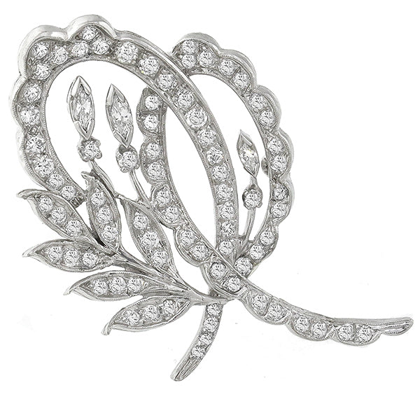Vintage 1950s 3.40ct Round & Marquise Cut Diamond Platinum Foliage Pin