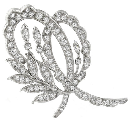 Vintage 1950s 3.40ct Round & Marquise Cut Diamond Platinum Foliage Pin