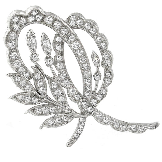 Vintage 1950s 3.40ct Round & Marquise Cut Diamond Platinum Foliage Pin