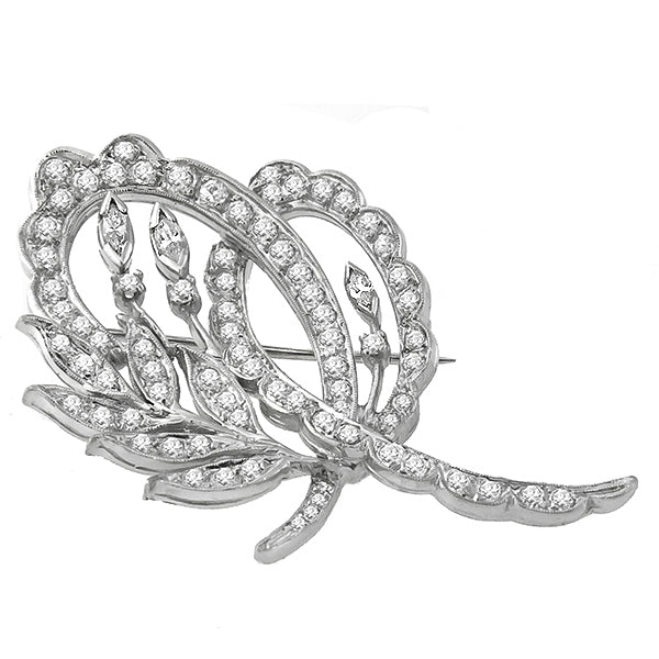 Vintage 1950s 3.40ct Round & Marquise Cut Diamond Platinum Foliage Pin