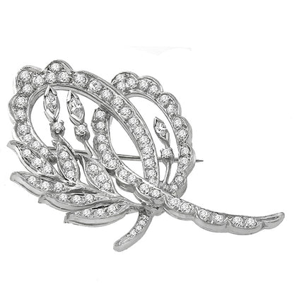 Vintage 1950s 3.40ct Round & Marquise Cut Diamond Platinum Foliage Pin