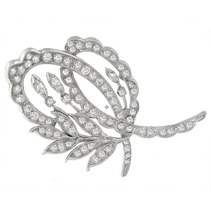 Vintage 1950s 3.40ct Round & Marquise Cut Diamond Platinum Foliage Pin