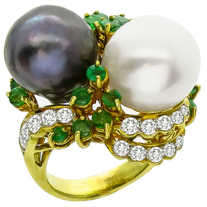 Vintage 1960s 1.25ct Round Diamond 0.80ct Round Emerald 18k Yellow Gold Ring