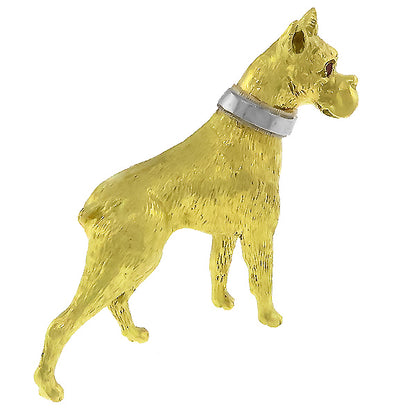 Vintage 1960s Round Cut Ruby 18k Yellow & White Gold Boxer Dog Pin