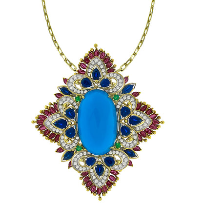 Turquoise Sapphire, Ruby, Diamond & Emerald Gold Pin/ Pendant