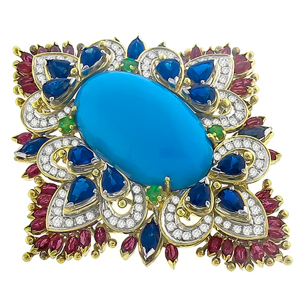 Turquoise Sapphire, Ruby, Diamond & Emerald Gold Pin/ Pendant