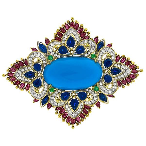 Turquoise Sapphire, Ruby, Diamond & Emerald Gold Pin/ Pendant