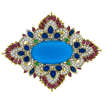 Turquoise Sapphire, Ruby, Diamond & Emerald Gold Pin/ Pendant