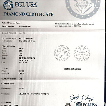 Vintage EGL Certified 1.34ct Diamond Engagement Ring