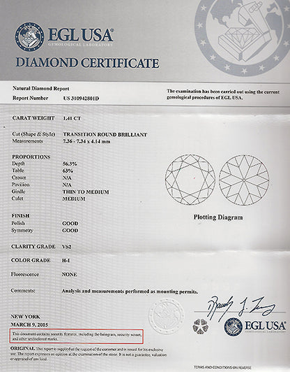 Vintage EGL Certified 1.41ct Diamond Engagement Ring