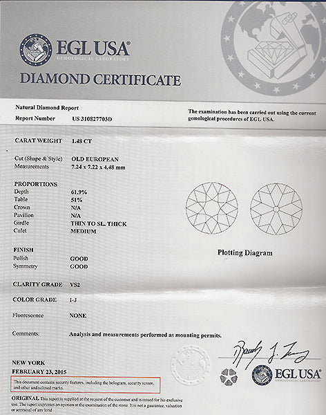 Vintage EGL Certified 1.48ct Diamond Engagement Ring