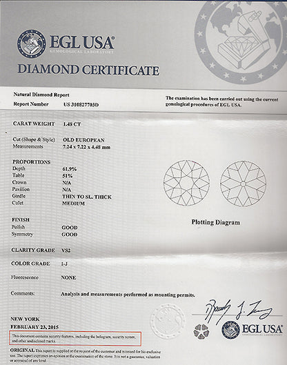 Vintage EGL Certified 1.48ct Diamond Engagement Ring