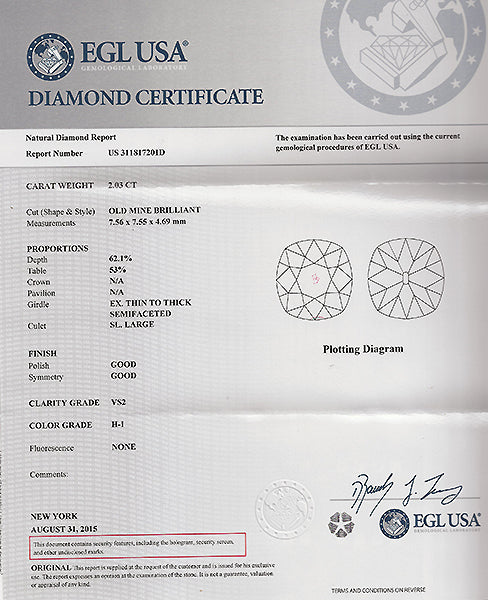 Vintage EGL Certified 2.03ct Diamond Engagement Ring