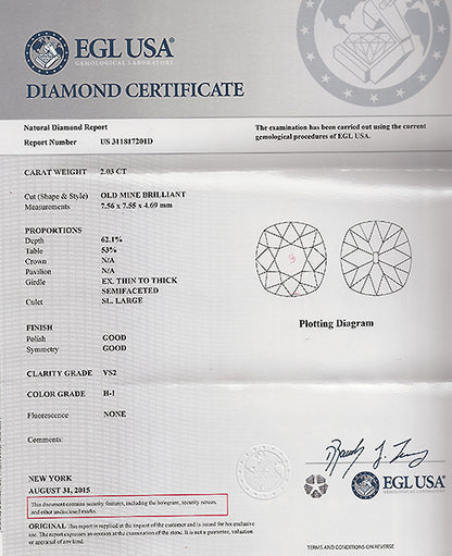 Vintage EGL Certified 2.03ct Diamond Engagement Ring