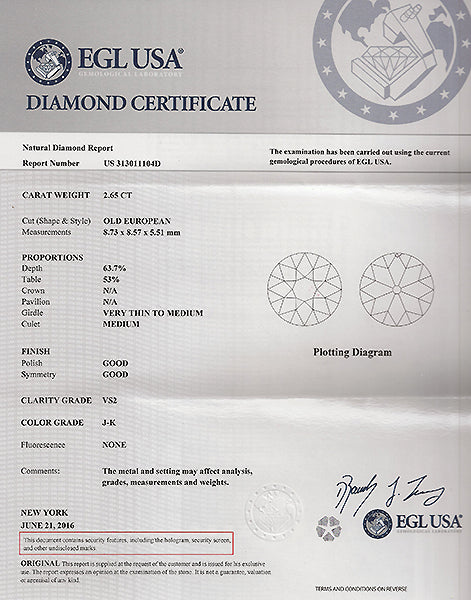 Vintage EGL Certified 2.65ct Diamond Engagement Ring