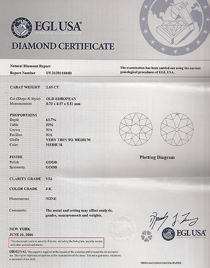 Vintage EGL Certified 2.65ct Diamond Engagement Ring