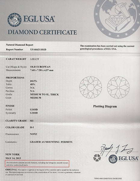 Vintage EGL H-I SI1 1.51ct Diamond Engagement Ring