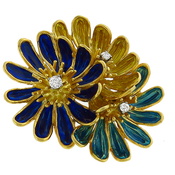 Vintage Enamel  Diamond Flower Pin