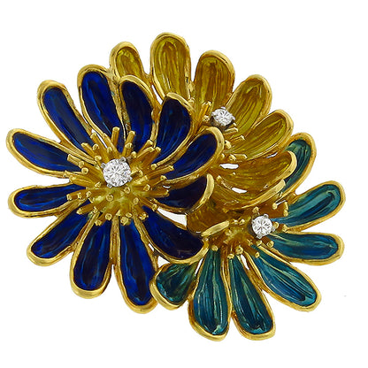Vintage Enamel  Diamond Flower Pin
