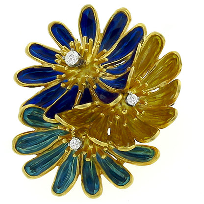 Vintage Enamel  Diamond Flower Pin