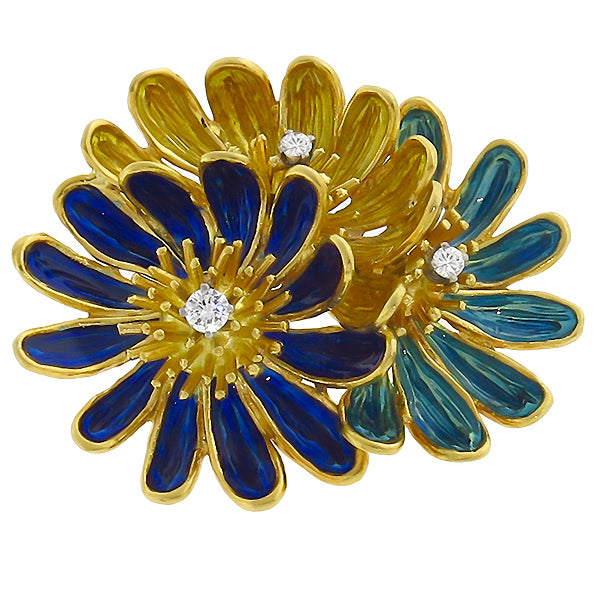 Vintage Enamel  Diamond Flower Pin