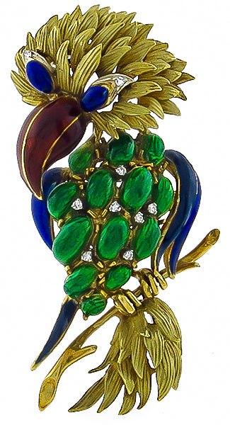 Vintage Enamel Gold Parrot Pin