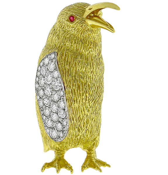 Vintage Estate 1.25ct Round Cut Diamond &  Ruby 18k Yellow Gold Penguin Pin