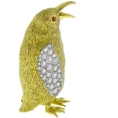 Vintage Estate 1.25ct Round Cut Diamond &  Ruby 18k Yellow Gold Penguin Pin
