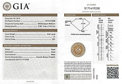 Vintage GIA Certified 0.61ct Diamond Engagement Ring