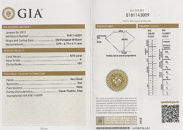 Vintage GIA Certified 0.93ct Diamond Engagement Ring