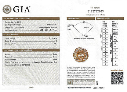 Vintage GIA Certified 0.93ct Diamond Engagement Ring