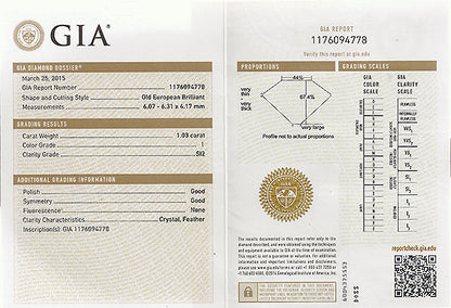 Vintage GIA Certified 1.03ct Diamond Engagement Ring