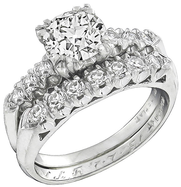 Vintage GIA Certified 1.23ct Diamond Engagement and Wedding Band Set