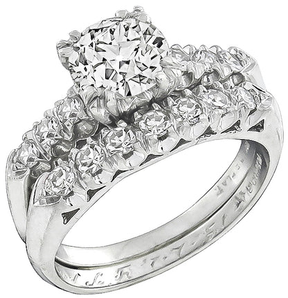 Vintage GIA Certified 1.23ct Diamond Engagement and Wedding Band Set