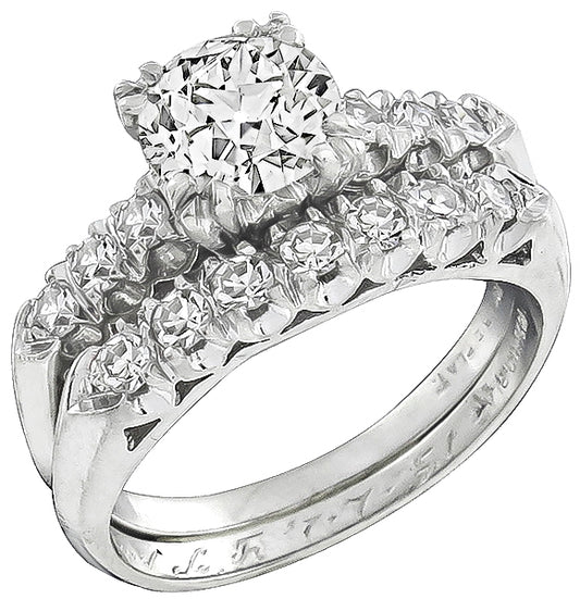 Vintage GIA Certified 1.23ct Diamond Engagement and Wedding Band Set