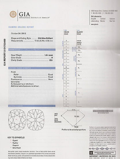 Vintage GIA Certified 1.61ct Diamond Engagement Ring