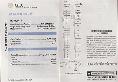 Vintage GIA Certified J VS1 0.77ct Diamond Engagement Ring