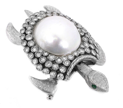 Vintage  Mabe Pearl 3.80ct Diamond Emearald Gold Turtle Pin