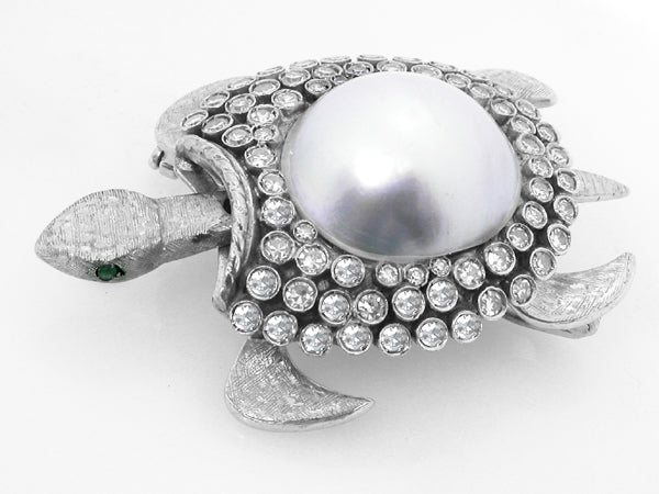 Vintage  Mabe Pearl 3.80ct Diamond Emearald Gold Turtle Pin