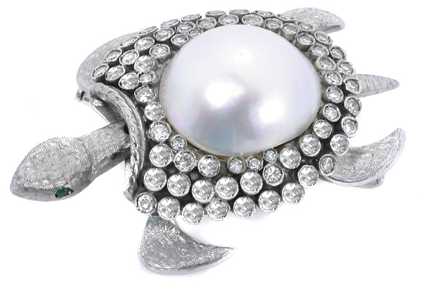 Vintage  Mabe Pearl 3.80ct Diamond Emearald Gold Turtle Pin
