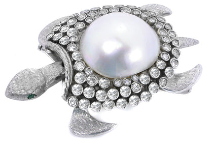 Vintage  Mabe Pearl 3.80ct Diamond Emearald Gold Turtle Pin